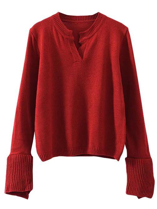 Romwe Burgundy Notch Neck Bell Sleeve Sweater