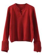 Romwe Burgundy Notch Neck Bell Sleeve Sweater