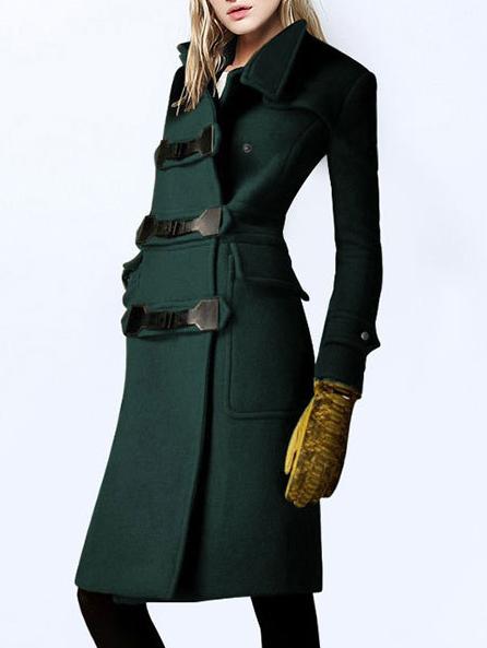 Romwe Stand Collar Pockets Buttons Long Dark Green Coat