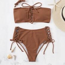 Romwe Lace Up Removable Strap Bandeau Bikini Set