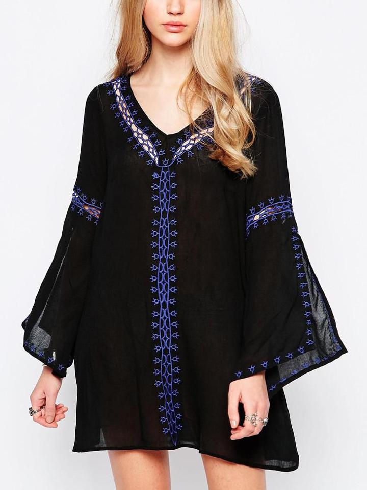Romwe Black V Neck Bell Sleeve Embroidered Dress