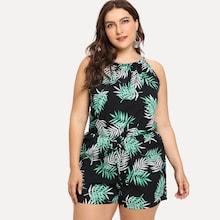 Romwe Plus Leaf Print Split Back Halter Romper