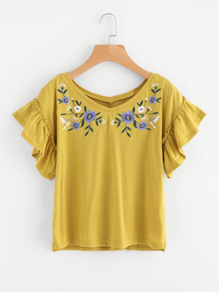 Romwe Flower Embroidered Frilled Sleeve Tee