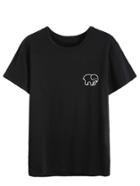 Romwe Black Elephant Print Front T-shirt