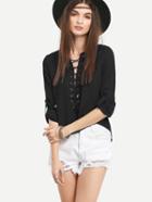 Romwe Lace-up Rolled Sleeve Blouse - Black