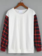 Romwe Contrast Sleeve Plaid White Sweatshirt