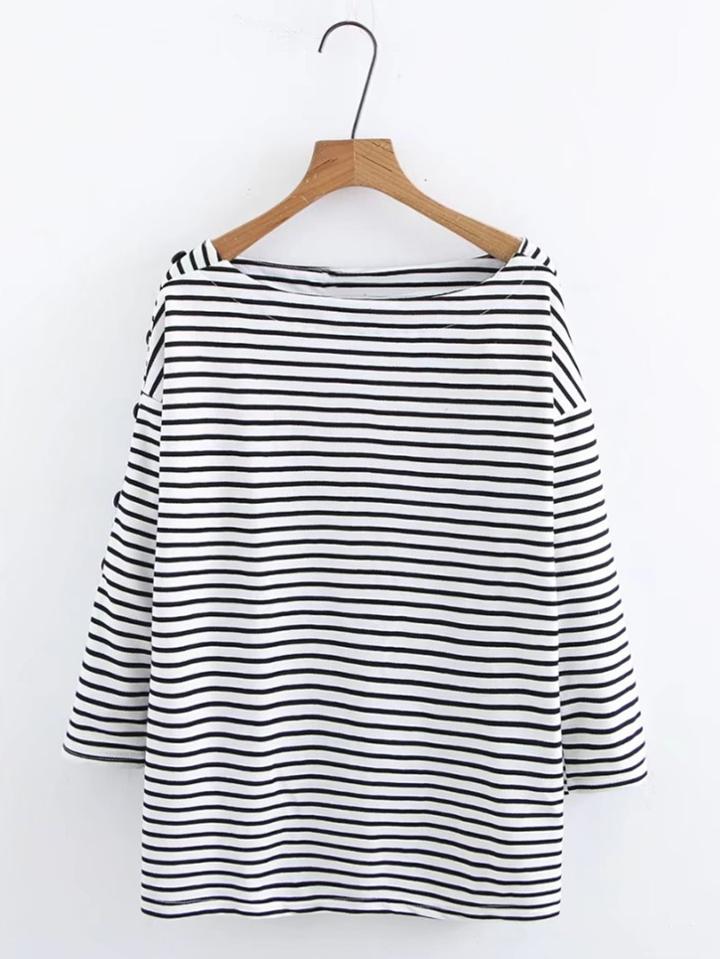 Romwe Button Detail Striped Boyfriend Tee