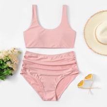 Romwe Plus Ruched Plain Bikini Set