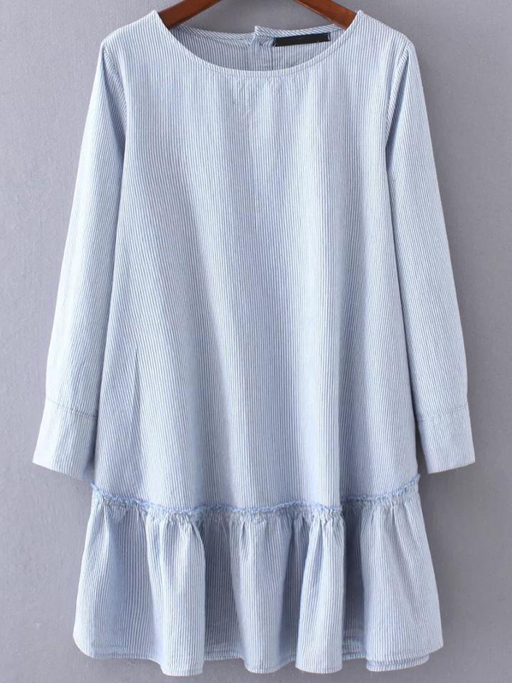 Romwe Blue Vertical Striped Button Back Ruffle Hem Dress