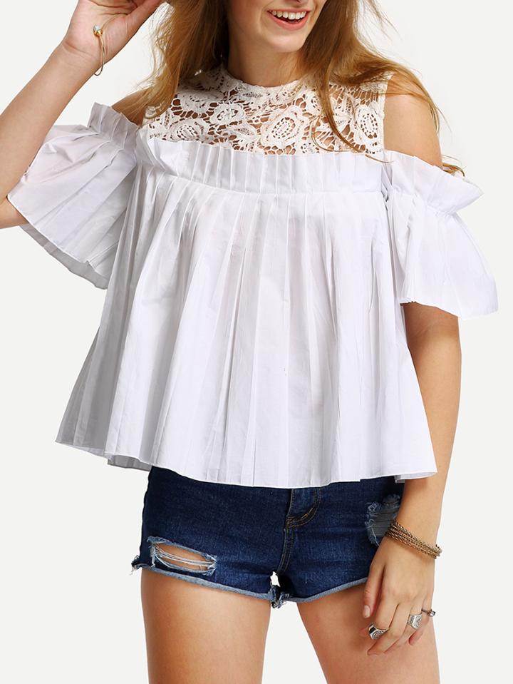 Romwe Crochet Neck Open Shoulder Pleated Blouse