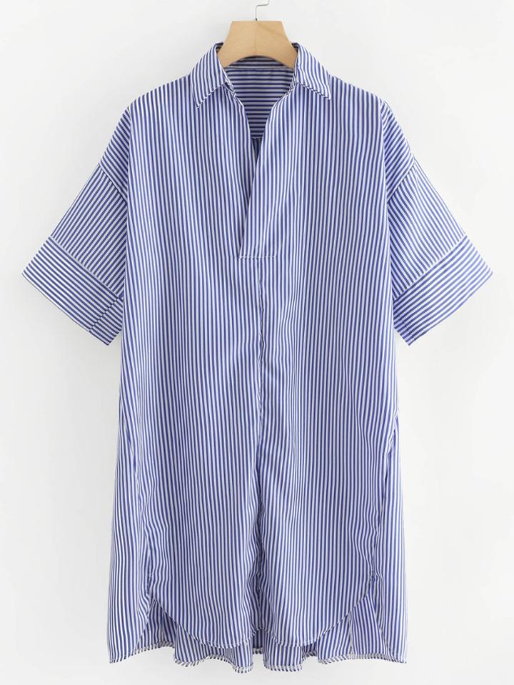 Romwe Drop Shoulder Dip Hem Striped Shirt