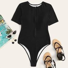 Romwe Zip Front Short Sleeves One Piece Swimsuit