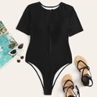 Romwe Zip Front Short Sleeves One Piece Swimsuit