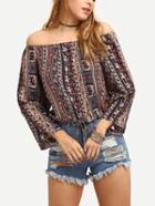 Romwe Off-the-shoulder Tribal Print Blouse