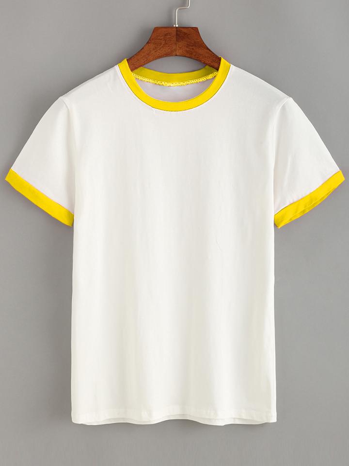 Romwe Contrast Trim Plain T-shirt - Yellow