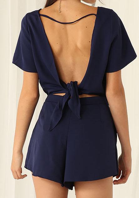 Romwe Drawstring Open Back Knotted Navy Jumpsuit