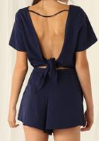 Romwe Drawstring Open Back Knotted Navy Jumpsuit