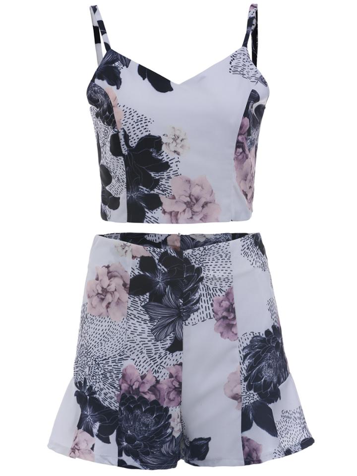 Romwe Spaghetti Strap Flower Print Top With Peplum Hem White Shorts
