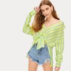 Romwe Neon Lime Striped Knot Detail Blouse