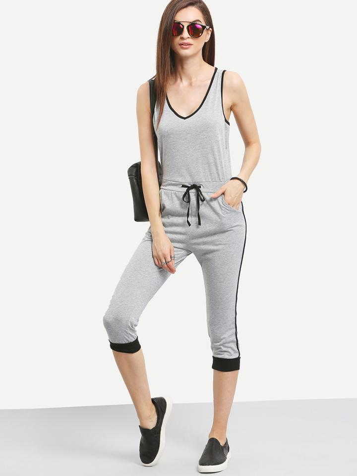 Romwe Contrast Trim Drawstring Waist Sleeveless Jumpsuit