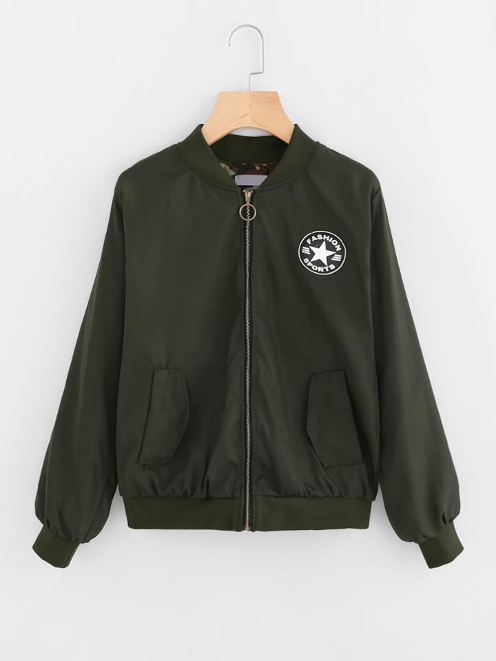 Romwe Badge Zip Up Jacket