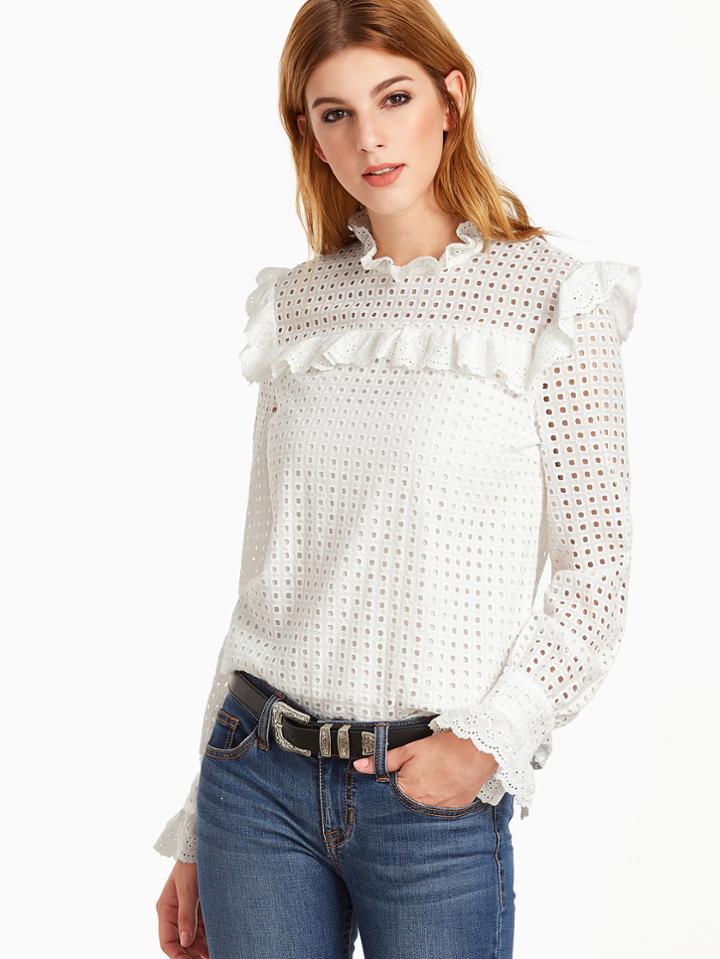Romwe White Eyelet Embroidered Keyhole Back Ruffle Trim Top