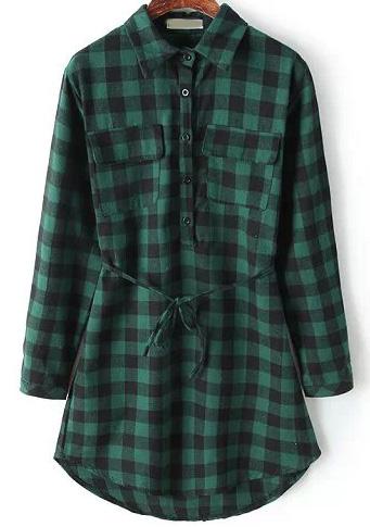Romwe Green Long Sleeve Plaid Tie-waist Blouse