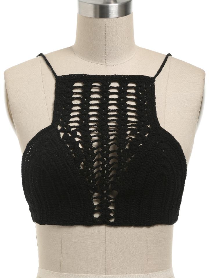 Romwe Black Crochet Hollow Out Bikini Top