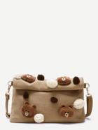 Romwe Brown Embellished Roll Top Woolen Shoulder Bag With Little Bear Detail