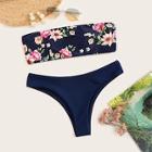 Romwe Random Flower Print Bandeau Bikini Set