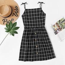 Romwe Button Detail Knot Shoulder Plaid Cami Dress