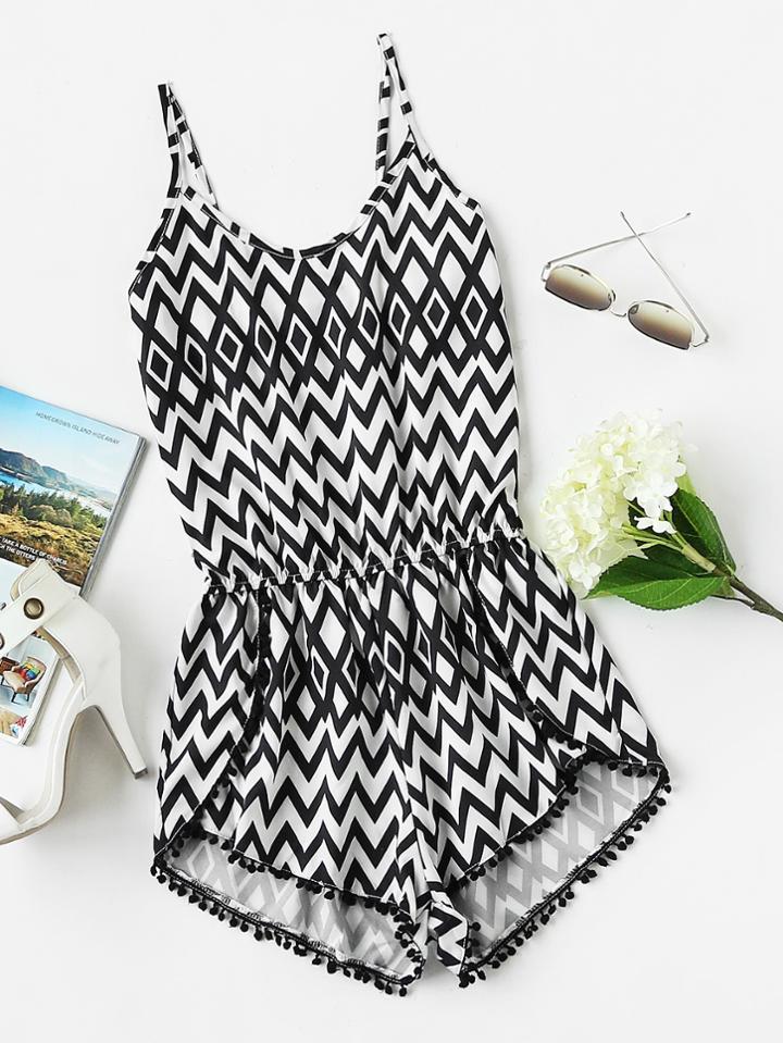 Romwe Chevron Print Pom Pom Trim Cami Romper