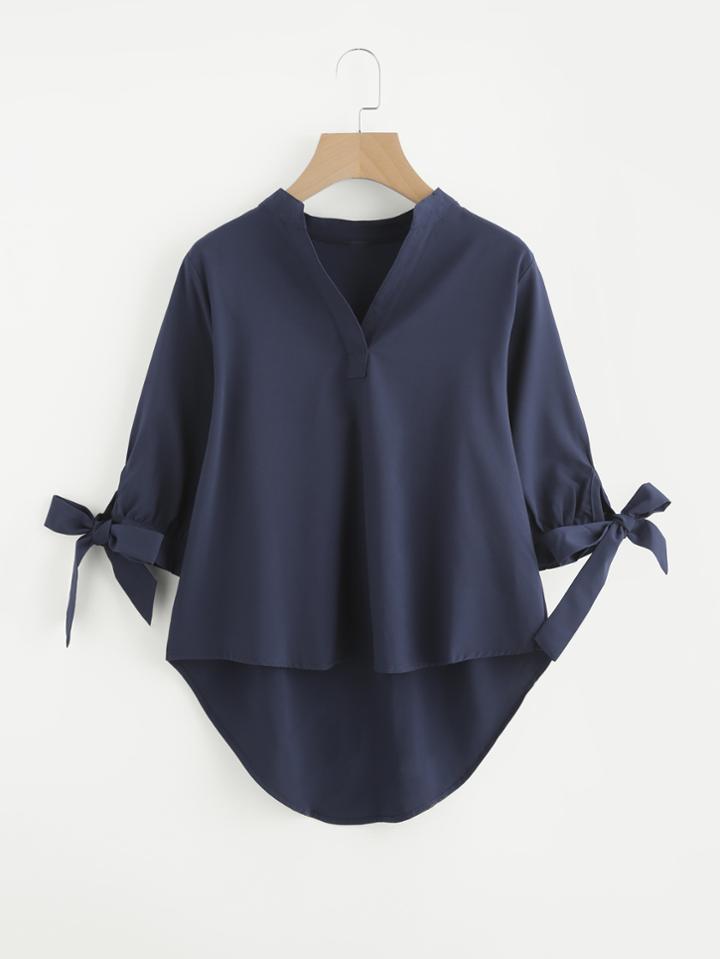 Romwe Tie Cuff Dip Hem Blouse