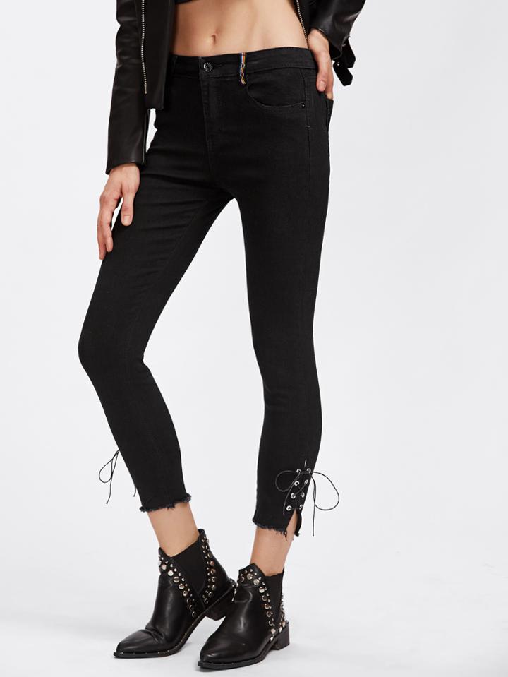 Romwe Lace Up Hem Skinny Jeans