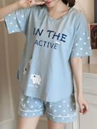 Romwe Letter & Dot Print Tee & Shorts Pj Set
