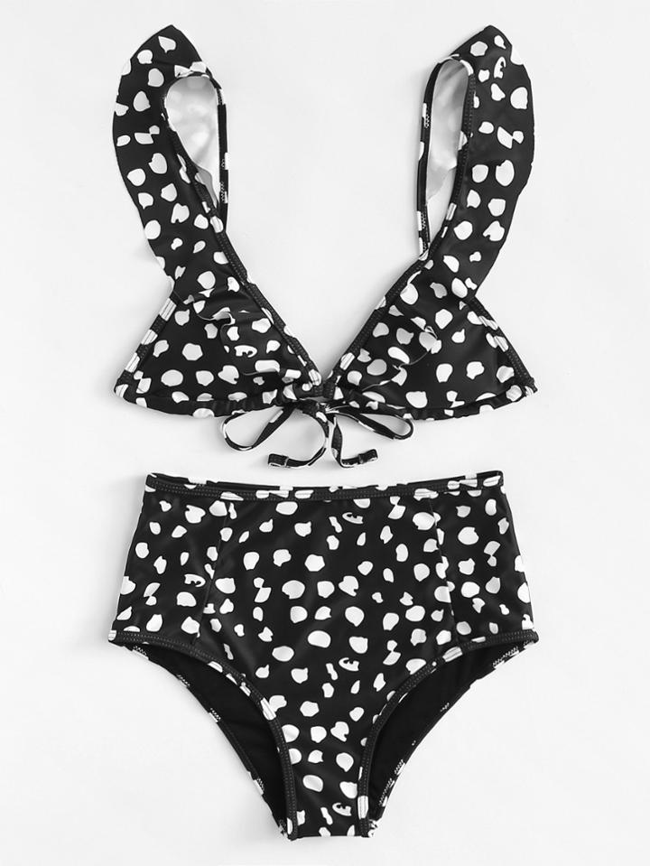 Romwe Dot Print Ruffle Bikini Set