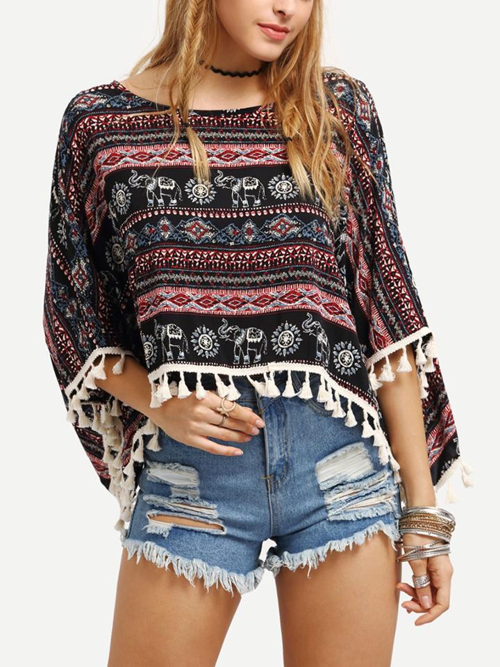 Romwe Tassel Trimmed Tribal Print Poncho Blouse