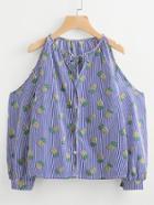 Romwe Cold Shoulder Pinstripe Pineapple Print Tie Neck Top