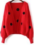 Romwe Red Polka Dot Lantern Sleeve Open Front Sweater Coat