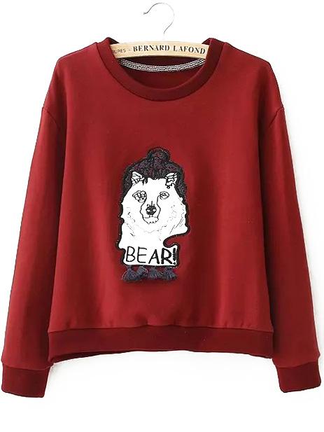 Romwe Round Neck Bear Embroidered Wine Red Sweatshirt