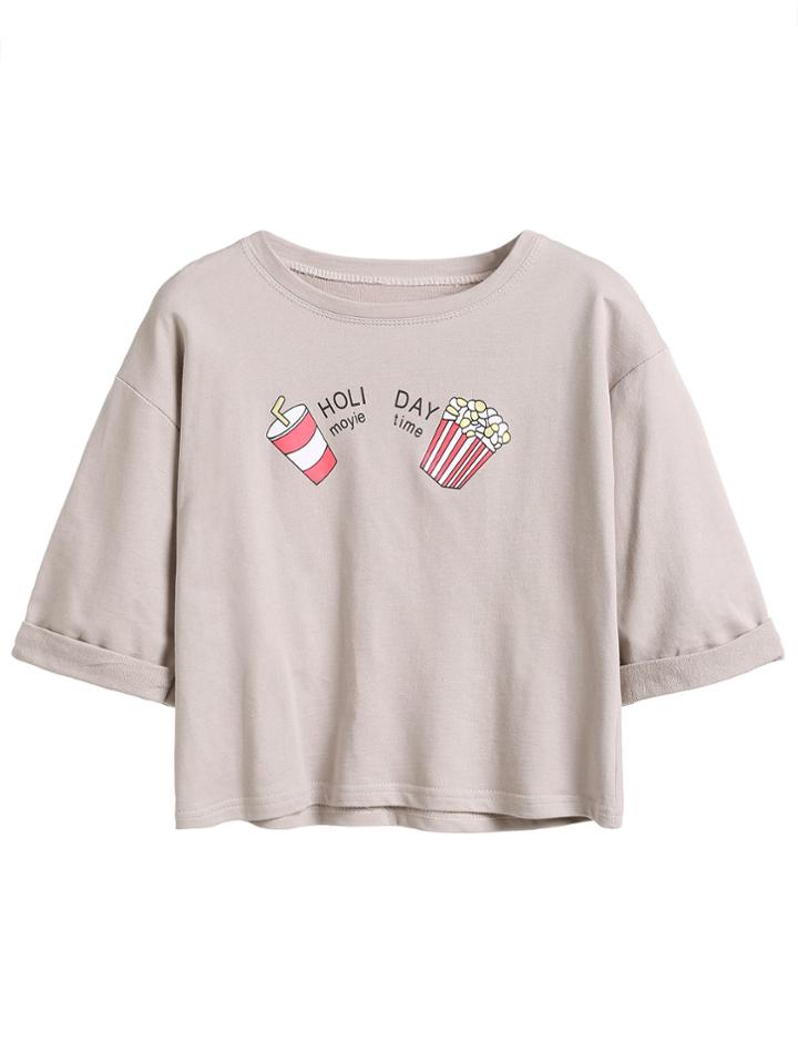 Romwe Coke And Popcorn Print Drop Shoulder Cuffed T-shirt