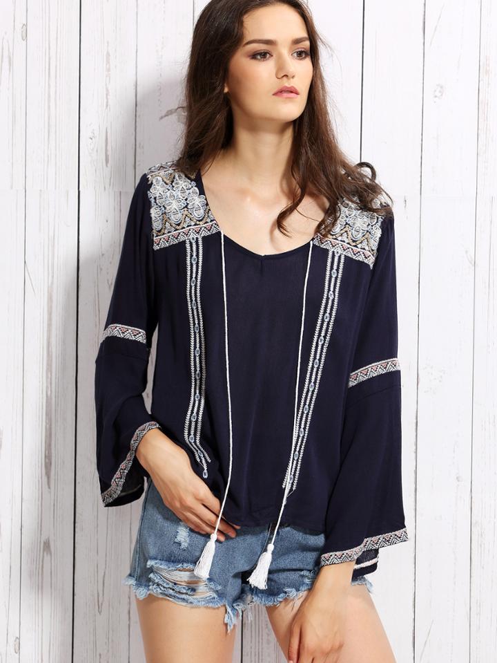 Romwe Navy Tassel Tie Embroidered Blouse