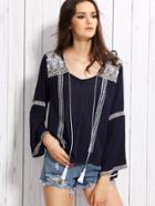 Romwe Navy Tassel Tie Embroidered Blouse