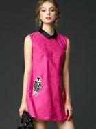 Romwe Rose Red Lapel Sleeveless Patch Embroidered Pockets Dress
