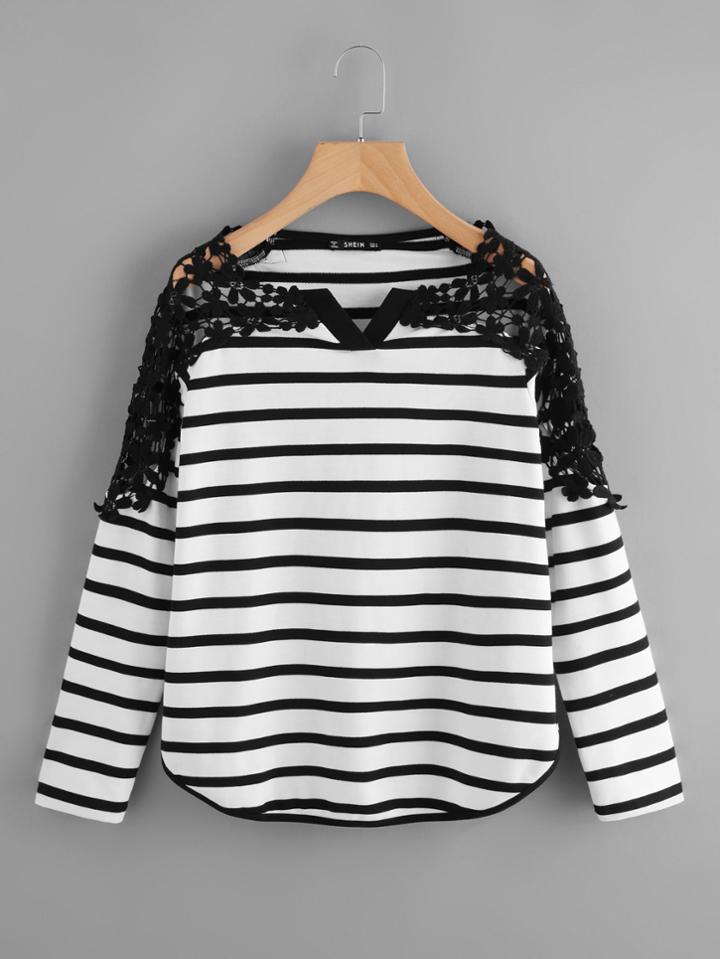 Romwe Guipure Lace Shoulder Curved Hem Striped Top