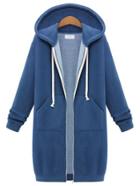 Romwe Hooded Drawstring Zipper Blue Coat