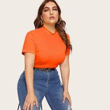 Romwe Plus Neon Orange Mock-neck Rib-knit Tee