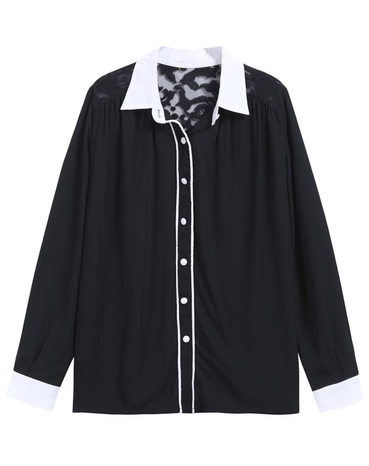 Romwe Lace Shoulder Buttons Chiffon Black Blouse