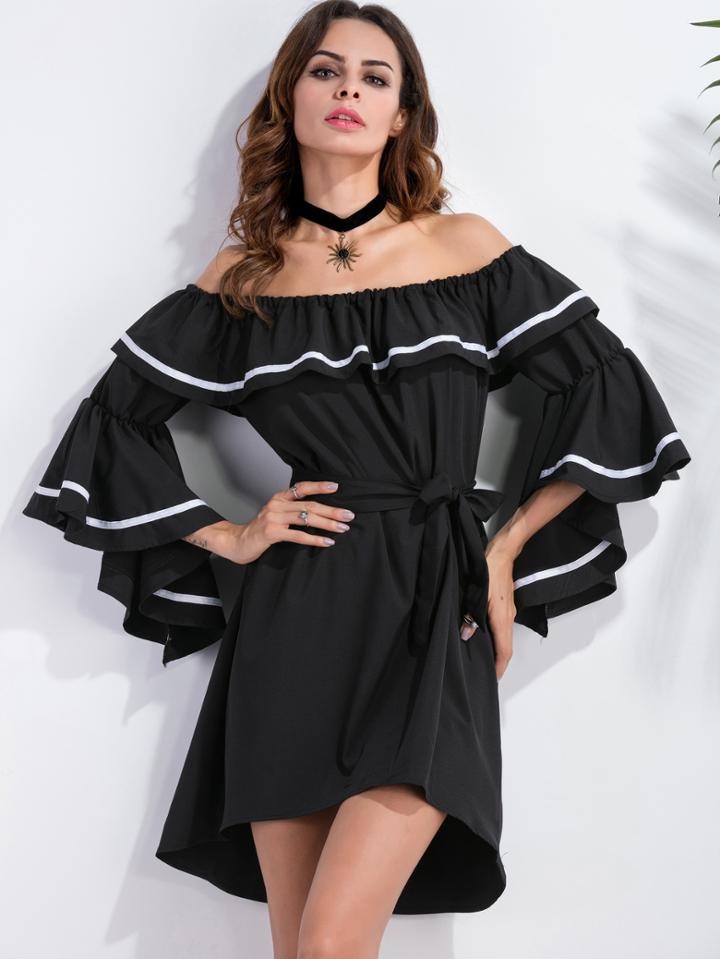 Romwe Off The Shoulder Bell Sleeve Ruffle Trim Dress