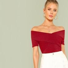 Romwe Cross Over Bardot Ribbed Top